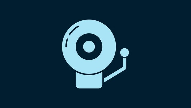 White Ringing alarm bell icon isolated on blue background. Alarm symbol, service bell, handbell sign, notification symbol. 4K Video motion graphic animation