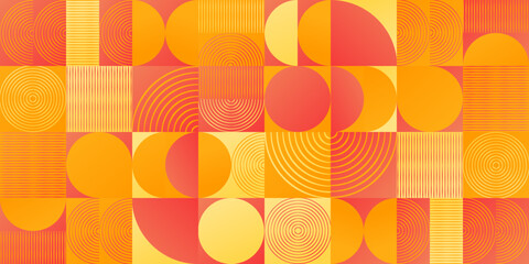 Kompozycja z geometrycznymi kształtami i liniami - mozaika w czerwonym, pomarańczowym i żółtym kolorze. Powtarzający się wzór w stylu neo geometry do zastosowania jako tło do projektów.