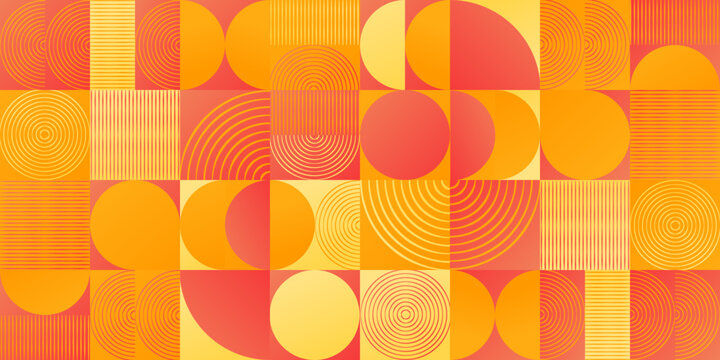Kompozycja z geometrycznymi kształtami i liniami - mozaika w czerwonym, pomarańczowym i ż&oacute;łtym kolorze. Powtarzający się wz&oacute;r w stylu neo geometry do zastosowania jako tło do projekt&oacute;w.