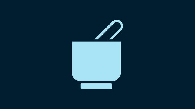 White Mortar and pestle icon isolated on blue background. 4K Video motion graphic animation