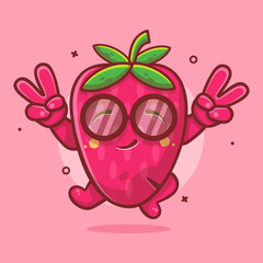 cute strawberry fruit character mascot with peace sign hand gesture isolated cartoon in flat style design. 