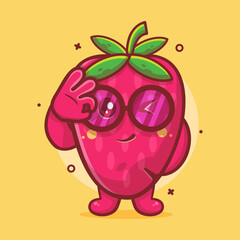 funny strawberry fruit character mascot with ok sign hand gesture isolated cartoon in flat style design