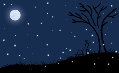Man sitting alone under a tree. Night landscape with moon, stars in dark sky. Line drawing. Vector illustration.