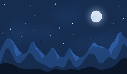Night landscape with moon, stars in dark sky and mountains. Vector illustration.