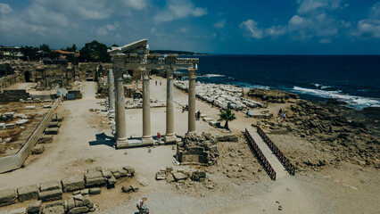 aerial view of Ruins of the Temple of Apollo in Side in a beautiful summer day, Antalya, Turkey