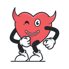 Cute heart retro mascot vector illustration with a funny face. Vintage style cartoon character for valentines day cards and gifts.