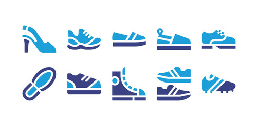 Shoe icon set. Duotone color. Vector illustration. Containing 
high heel, running shoes, flat shoes, shoes, shoe print, shoe, sneakers.
