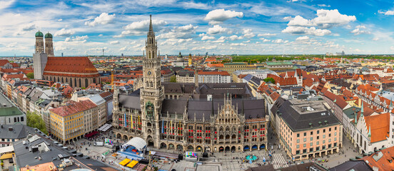 Naklejka na ściany i meble Munich Germany, high angle view panorama city skyline at Marienplatz new Town Hall Square