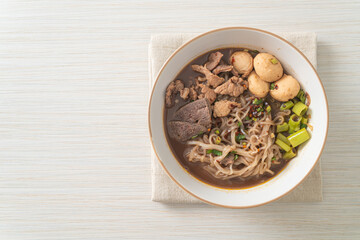 Thai noodle with pork, stewed pork, meatball and pork liver in blood soup