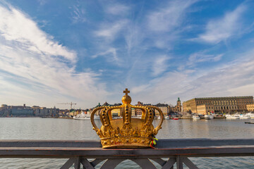 Fototapeta na wymiar Stockholm Sweden, city skyline at Gamla Stan and Gilded Crown on Skeppsholmsbron bridge