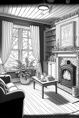 Cozy interior of room colouring book, colouring book page, room interior colouring book page, interior room 