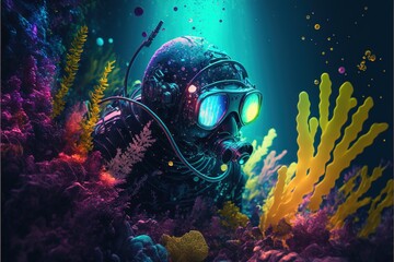 Obraz na płótnie Canvas Dive jump into the deep bright neon sea created with generative ai technology 