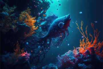 Fototapeta na wymiar Dive jump into the deep bright neon sea created with generative ai technology 