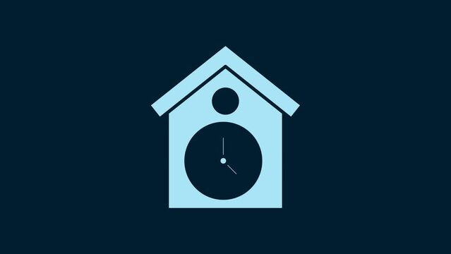 White Retro wall watch icon isolated on blue background. Cuckoo clock sign. Antique pendulum clock. 4K Video motion graphic animation
