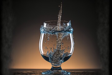 Overflowing water glass like a waterfall, glowing, created with generative ai technology 
