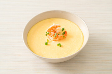 Steamed egg with shrimp and spring onions