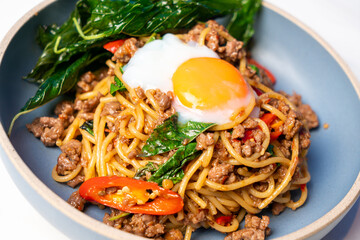 spaghetti with spicy basil beef and egg