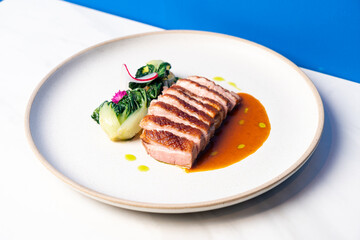 grilled duck breast steak with sauce
