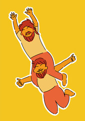 肩車をしている男性2人の手描きイラスト