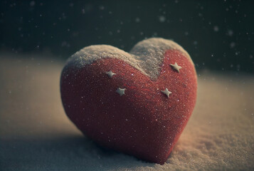Fototapeta premium Cute little heart toy, sits on the snow in the forest in winter. Valentine's day. 