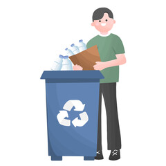 man doing waste separation recycling plastic bottles, carrying bags with garbage to different trash bins, environment protection and save world