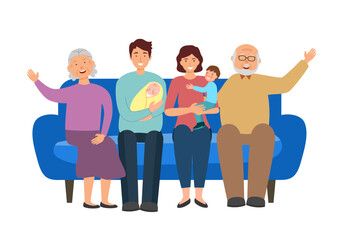 Happy family sitting on sofa in flat design on white background.