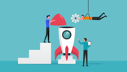 collaboration or cooperate to develop startup company, business teamwork and innovation idea, starting a new business project together