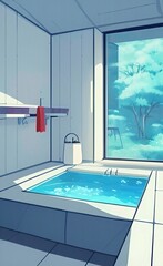 Asian or Japanese style bathroom, relax onsen anime style