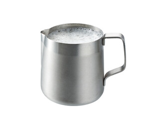 metallic pitcher with whipped milk isolated on white background .