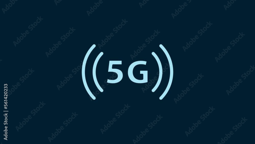 Poster White 5G new wireless internet wifi connection icon isolated on blue background. Global network high speed connection data rate technology. 4K Video motion graphic animation