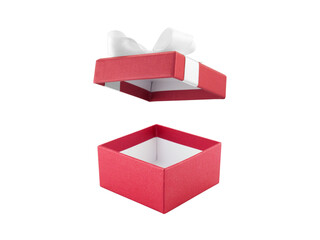 open empty red gift box decorate white ribbon bow isolated on white