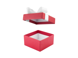 open single red gift box decorate white ribbon bow isolated on transparent
