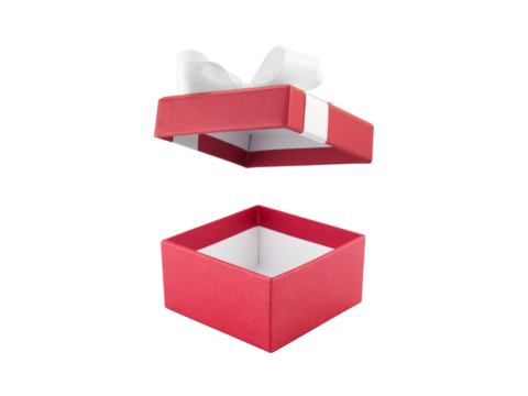 open single red gift box decorate white ribbon bow isolated on transparent