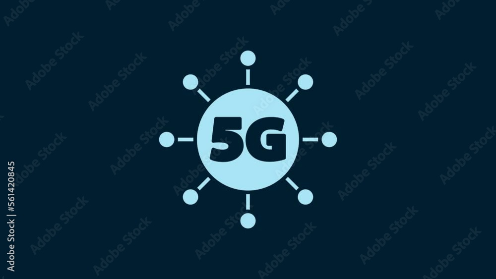 Poster White 5G new wireless internet wifi connection icon isolated on blue background. Global network high speed connection data rate technology. 4K Video motion graphic animation
