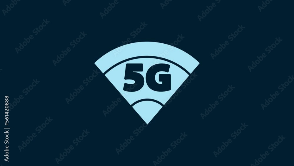Poster White 5G new wireless internet wifi connection icon isolated on blue background. Global network high speed connection data rate technology. 4K Video motion graphic animation