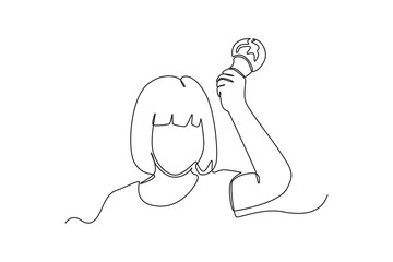 Continuous one line drawing girl is holding a light bulb in his hand. Earth hour concept. Single line draw design vector graphic illustration.