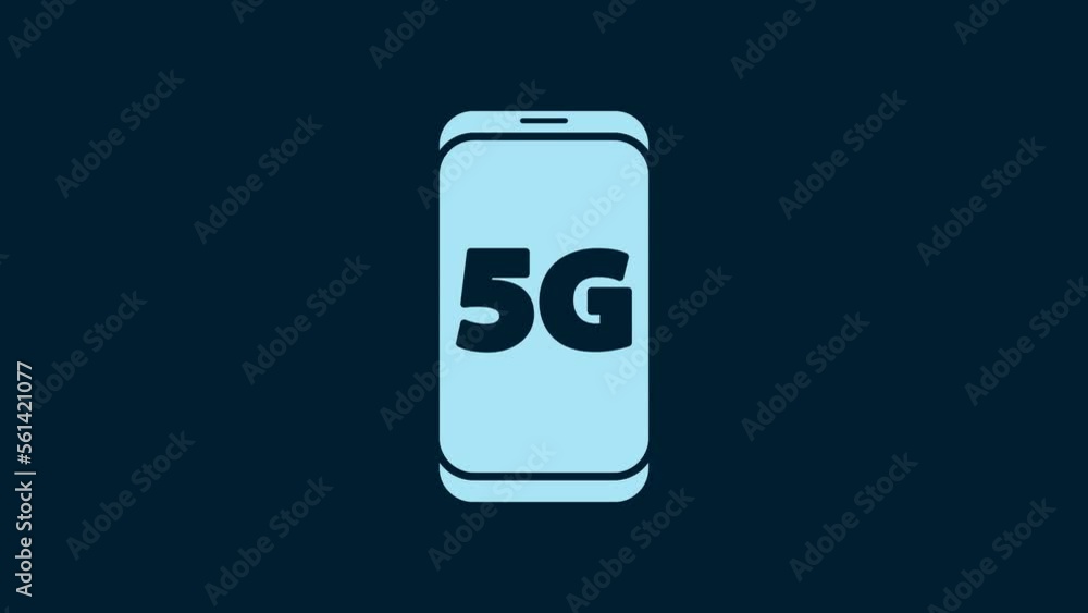 Poster White Mobile with 5G new wireless internet wifi icon isolated on blue background. Global network high speed connection data rate technology. 4K Video motion graphic animation