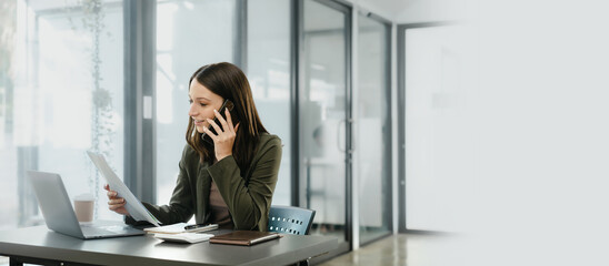 Attractive caucasian business woman top manager working with laptop tablet cojmputer planning...