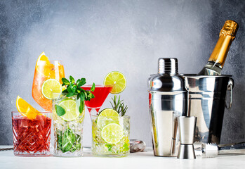 Most popular trendy cocktails set: aperol spritz, negroni, mojito, gin tonic and cosmopolitan on...