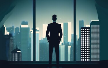 a person in a suit standing in front of a large window in an office building, with the city skyline visible in the background, symbolising the power and success of business leadership (AI Generated)