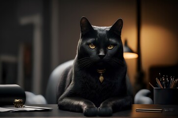 sleek black cat sitting confidently on a desk in a boardroom, surrounded by paperwork and a computer (AI Generated)