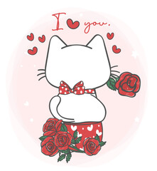 cute kawaii Valentine cat with roses cartoon, I love you, Romantic pet animal character hand drawing illustration vector. perfect for greeting cards, gifts, and more