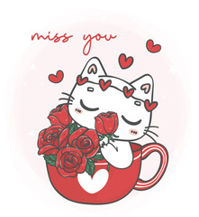 cute kawaii Valentine cat with roses cartoon, I love you, Romantic pet animal character hand drawing illustration vector. perfect for greeting cards, gifts, and more