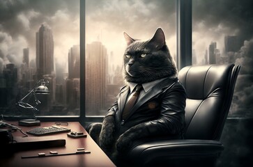 cat wearing a suit sitting in a leather office chair with a cityscape visible through the window behind it (AI Generated)