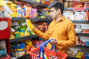 Foto op Aluminium Young Indian man buying grocery at shop or supermarket. Asian male choose snacks and food items while holding basket. © gajendra
