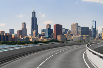 Naklejka na ściany i meble Empty urban asphalt road exterior with city buildings background. New modern highway concrete construction. Concept of way to success. Transportation logistic industry fast delivery. Chicago. USA.