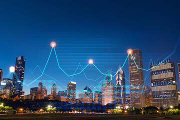 Obraz na płótnie Canvas Skyscrapers Cityscape Downtown View, Chicago Skyline Buildings. Beautiful Real Estate. Night time. Forex Financial graph and chart hologram. Business education concept.