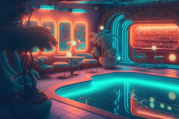 Obraz premium Surreal retro-future pool lounge with neon signs and cocktails.Generative AI