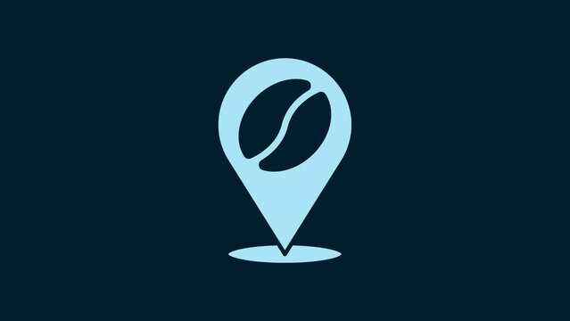 White Location with coffee bean icon isolated on blue background. 4K Video motion graphic animation