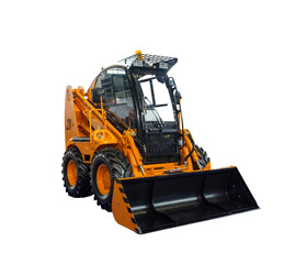compact small orange snow removal bulldozer isolated on a white background.